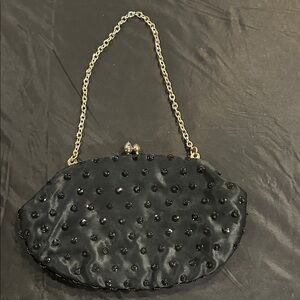 Vintage Elegant Black Beaded Clutch with Gold Chain